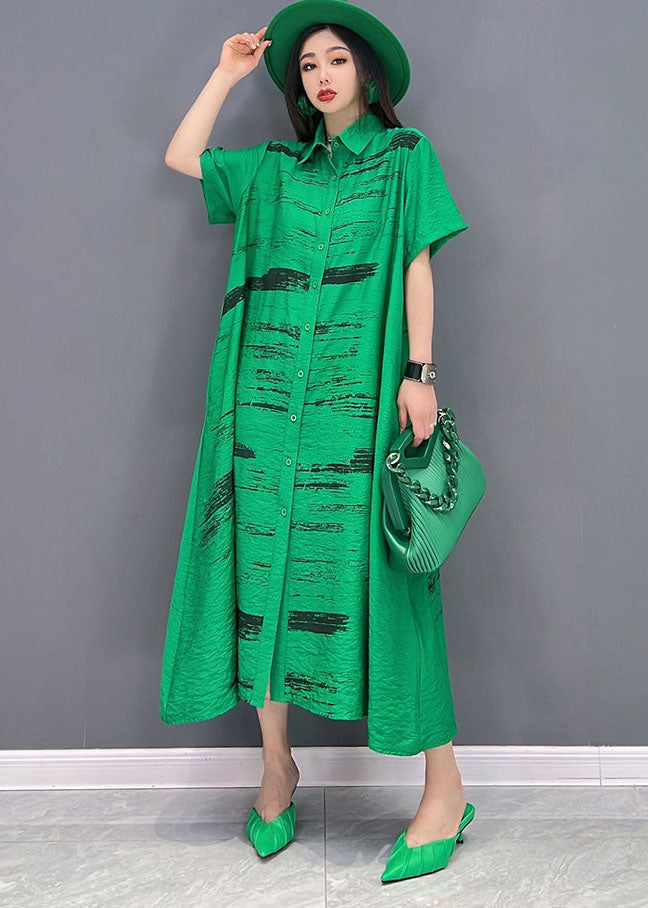 Green Print Cotton Loose Shirt Dress Peter Pan Collar Button Short Sleeve