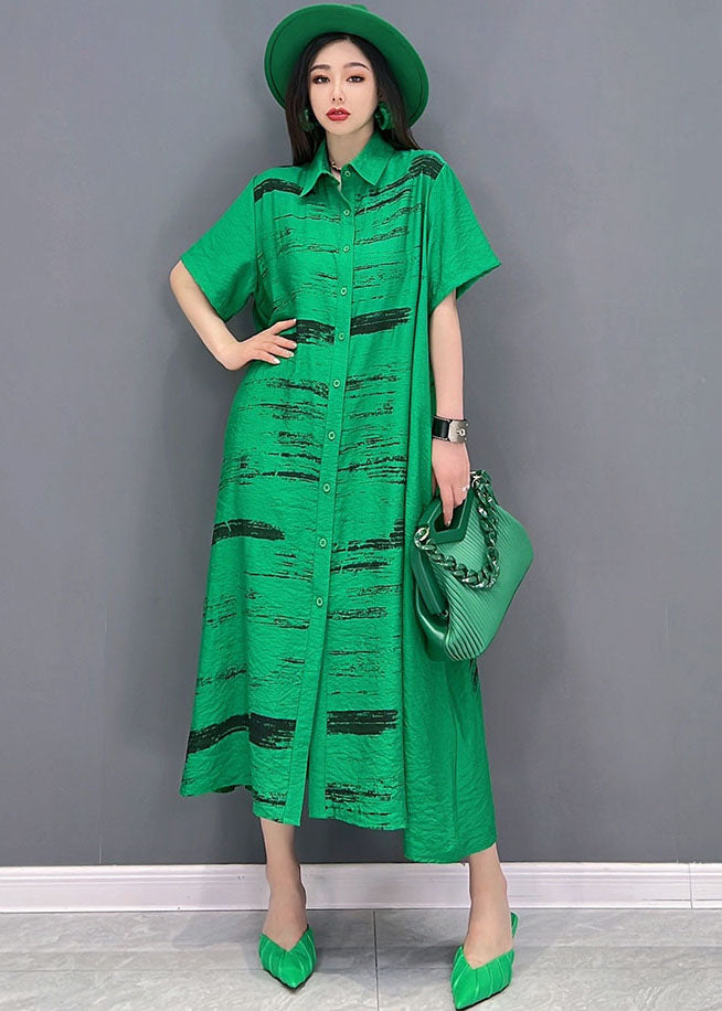 Green Print Cotton Loose Shirt Dress Peter Pan Collar Button Short Sleeve