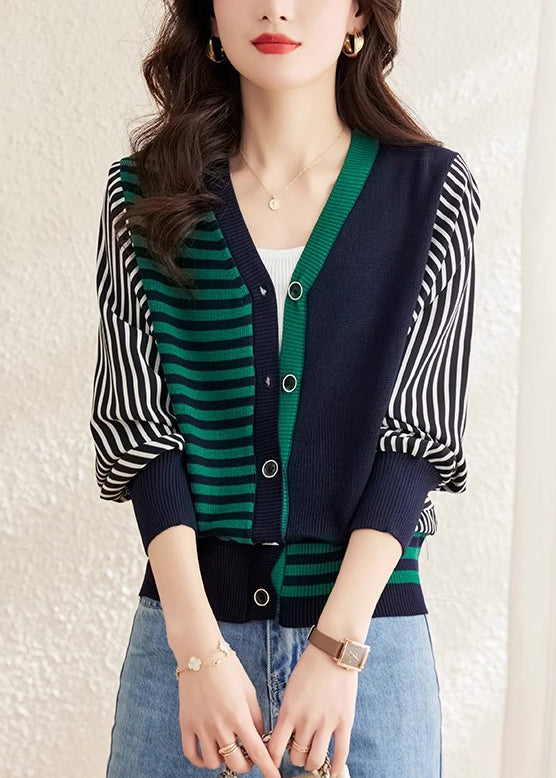 Green Striped Patchwork Woolen Sweaters V Neck Spring