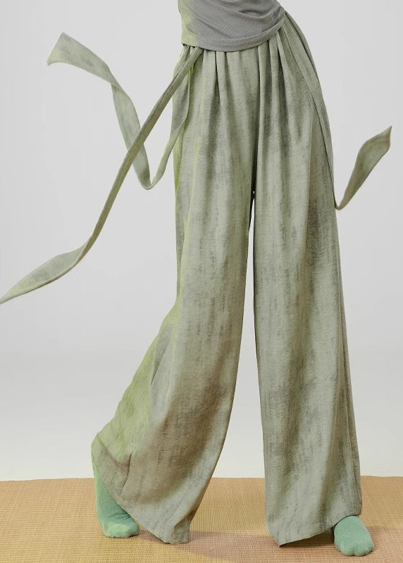 Green Tie Dye Linen Straight Pants Elastic Waist Spring