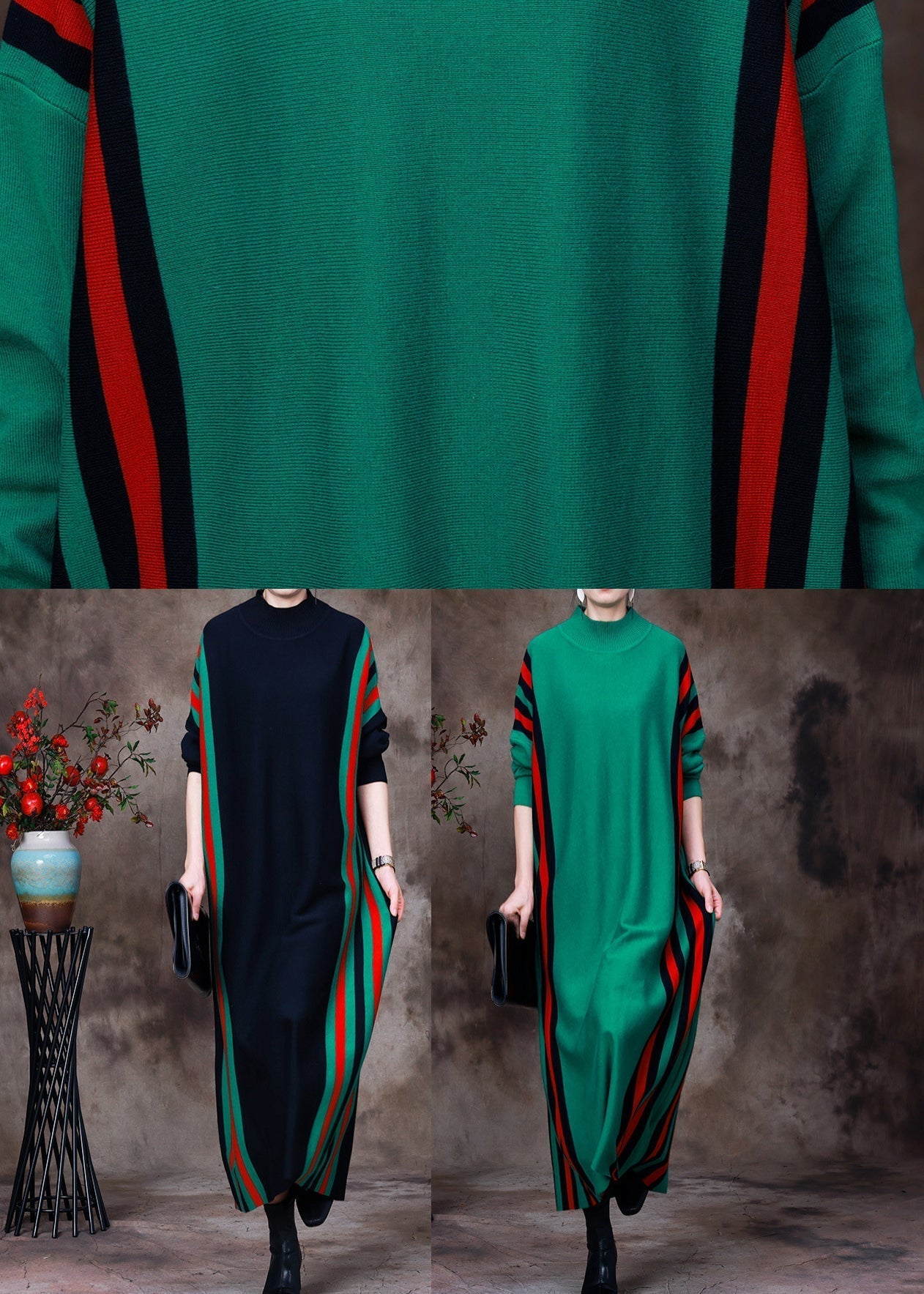 Green Turtleneck Striped Patchwork Knit Long Sweater Dress Long Sleeve