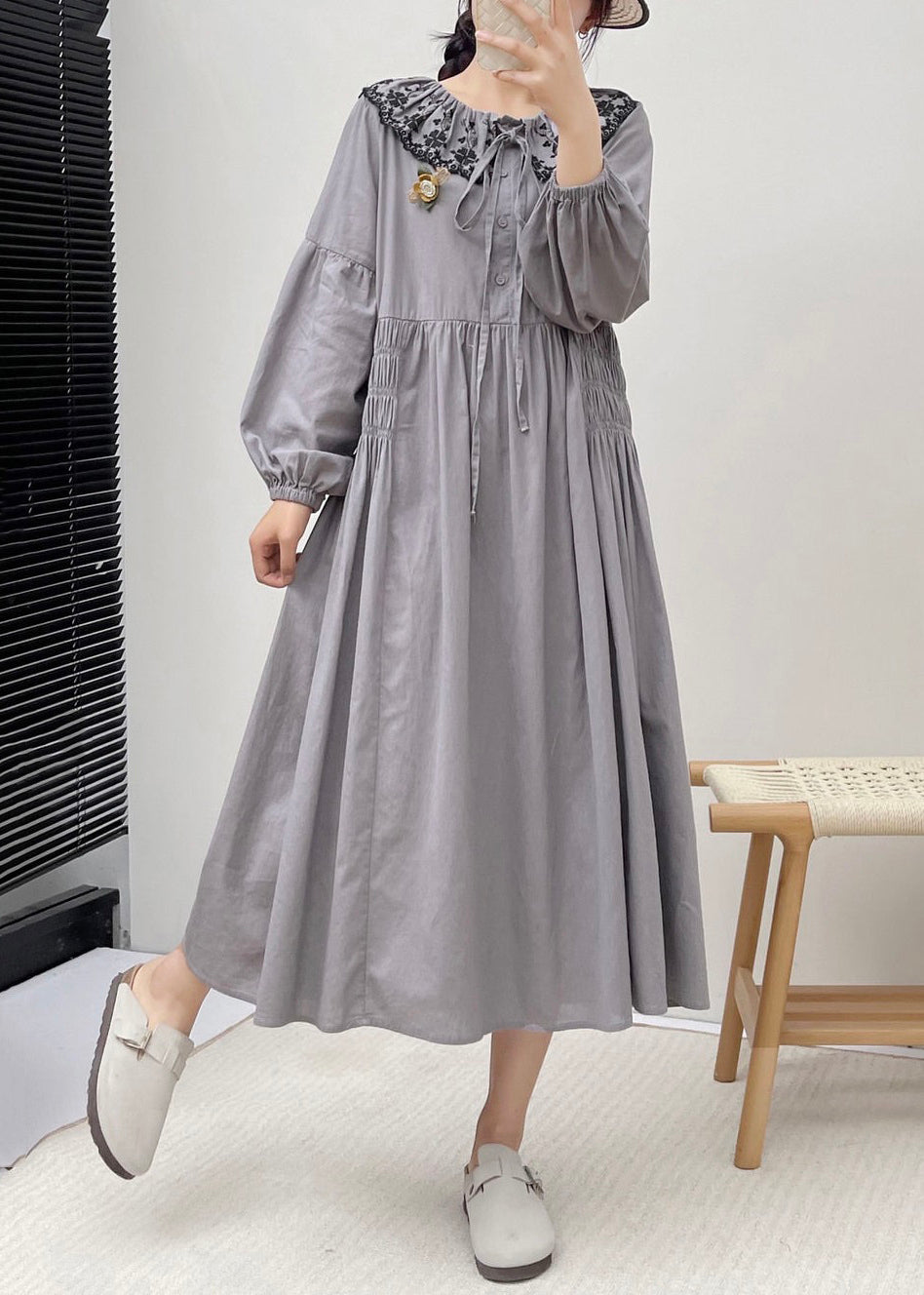 Grey Button Wrinkled Cotton Dresses Embroidered Long Sleeve