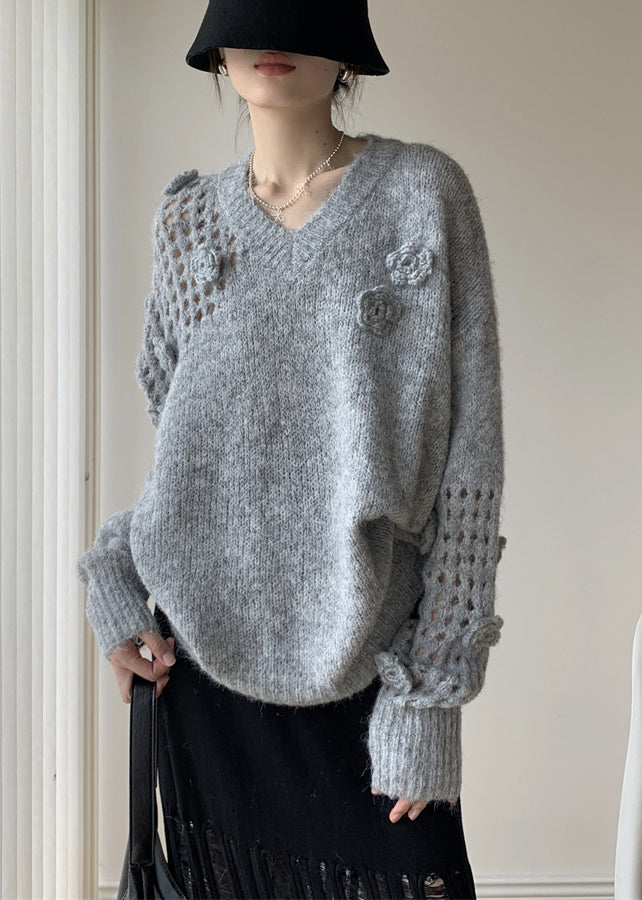 Grey Hollow Out Cozy Cotton Knit Spring Sweater V Neck