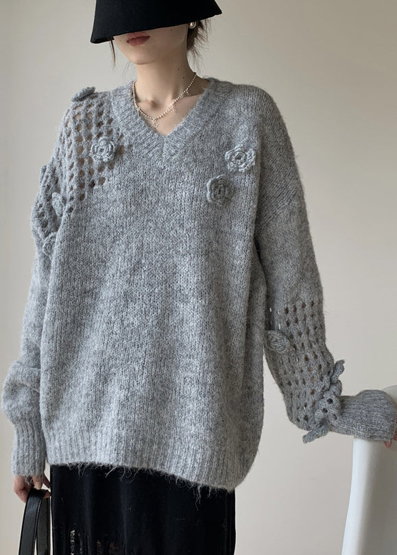 Grey Hollow Out Cozy Cotton Knit Spring Sweater V Neck