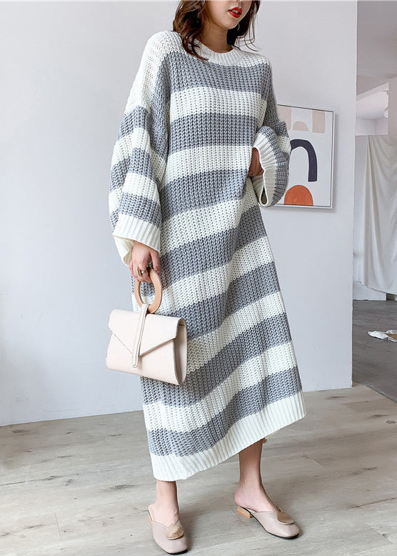 Grey Hollow Out Patchwork Knit Dress O Neck Spring