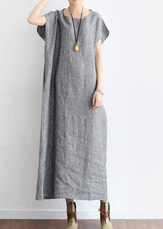 Grey O Neck Summer Cotton Hemp Dress