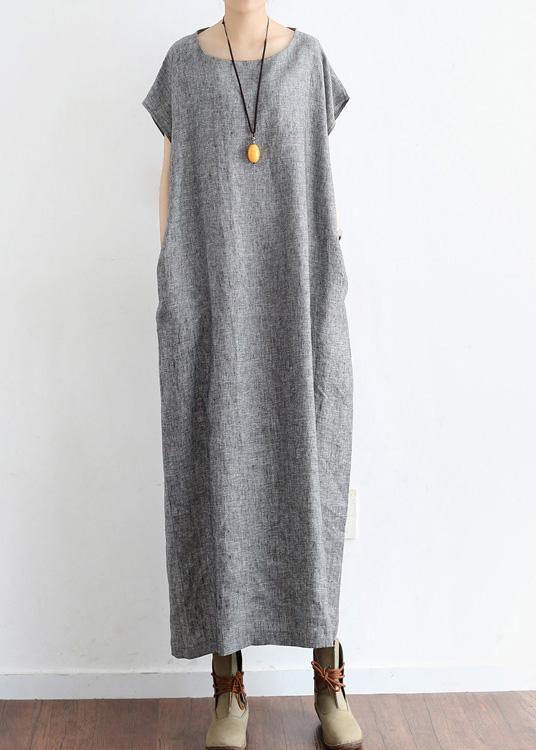 Grey O Neck Summer Cotton Hemp Dress