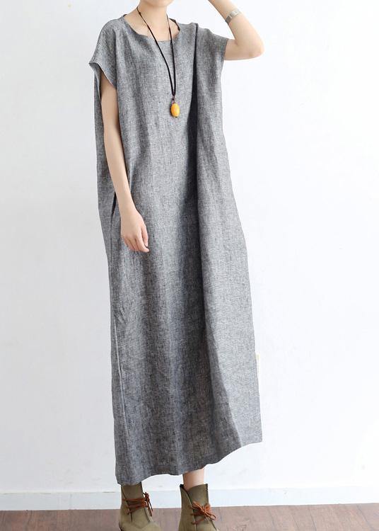 Grey O Neck Summer Cotton Hemp Dress