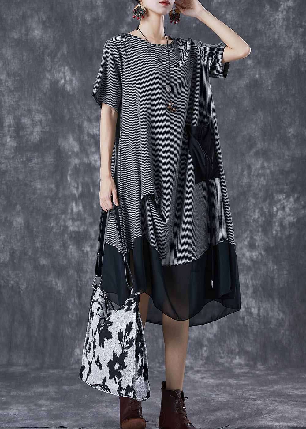 Grey Patchwork Chiffon Party Dress Asymmetrical Striped Summer