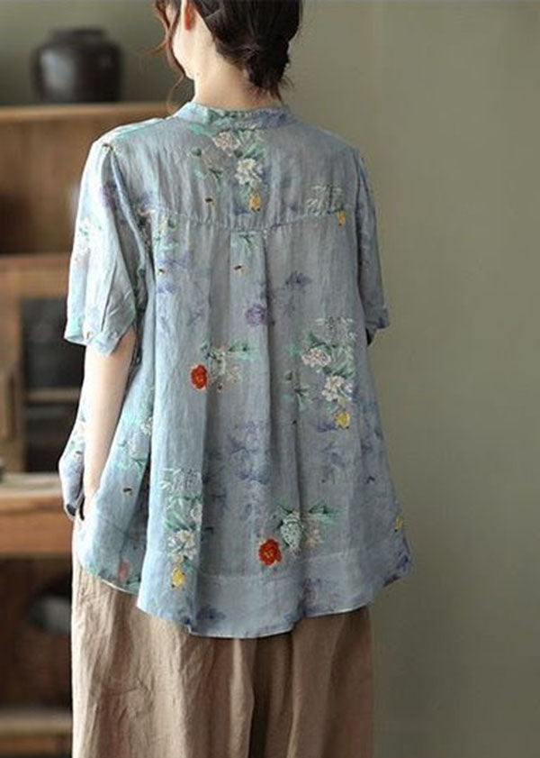 Grey Purple Print Cotton Shirts Low High Design Short Sleeve