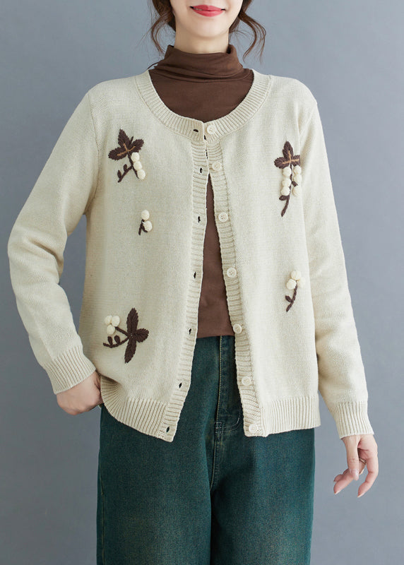 Handmade Beige Embroidered Knit Cardigan Winter