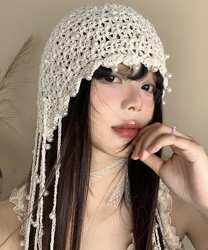 Handmade Beige Tassel Bead Hollow Out Knit Bonnie Hat