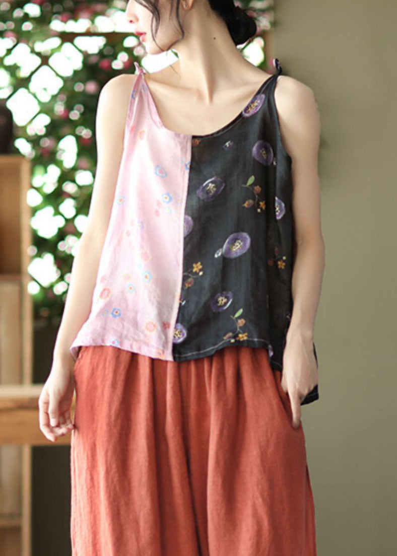 Handmade Black Pink Patchwork Linen Spaghetti Strap Tank Summer