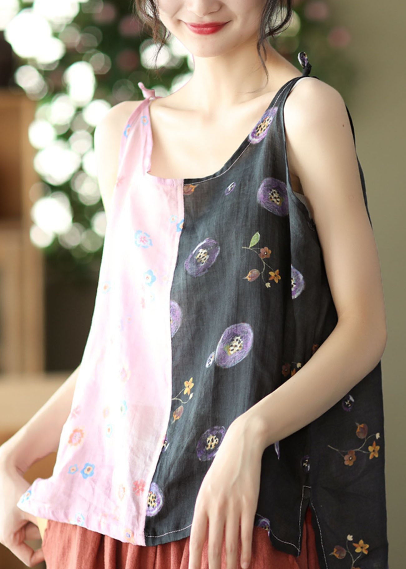 Handmade Black Pink Patchwork Linen Spaghetti Strap Tank Summer