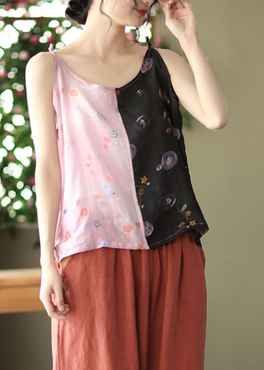 Handmade Black Pink Patchwork Linen Spaghetti Strap Tank Summer