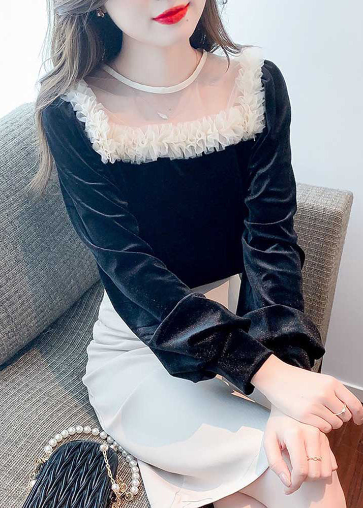 Handmade Black Square Collar Tulle Patchwork Velour Top Bottoming Shirt