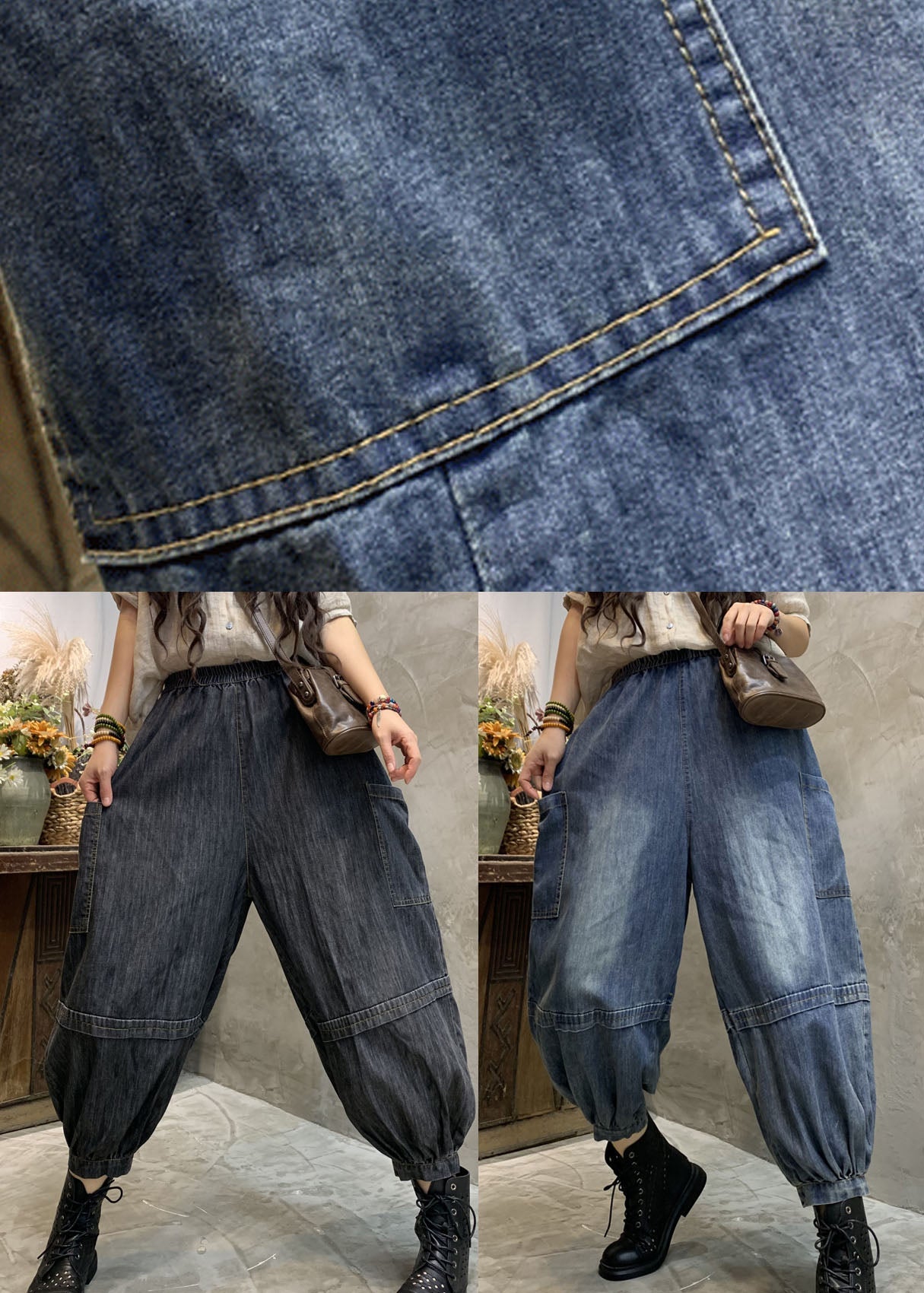 Handmade Black high waist Patchwork denim Pants Spring