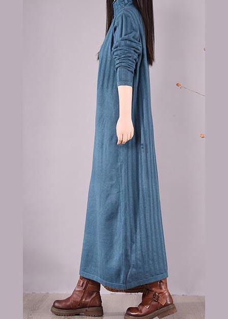 Handmade Blue Dresses High Neck Long Spring Dresses