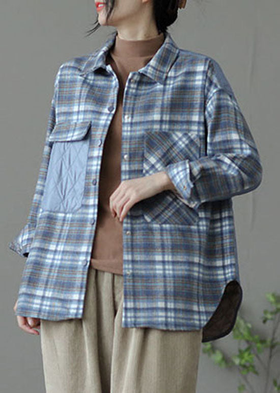 Handmade Blue Plaid Patchwork Fine Cotton Filled Woolen Shirt Tops Spring