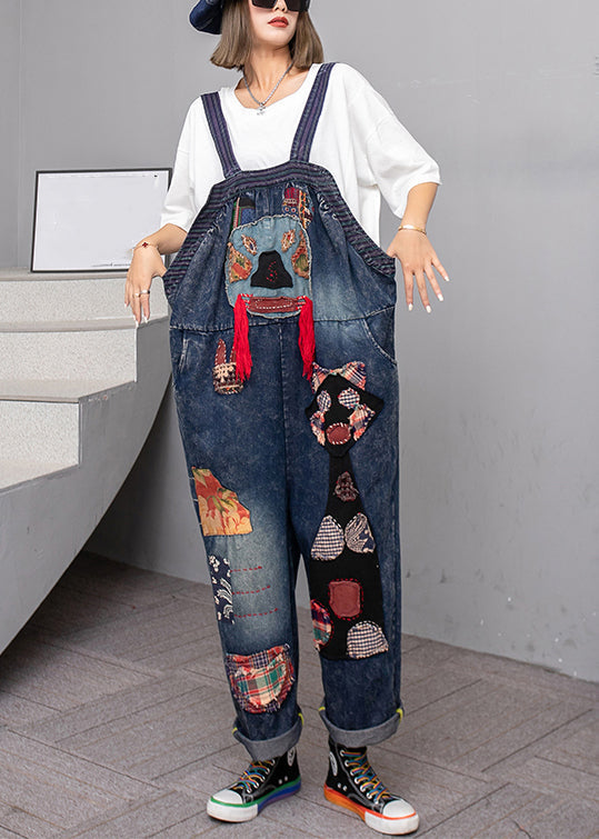 Handmade Blue Pockets High Waist Patchwork Overalls Jumpsuit Fall