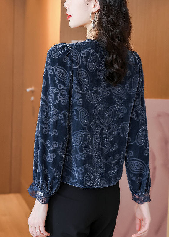 Handmade Blue V Neck Lace Patchwork Velour Shirts Spring