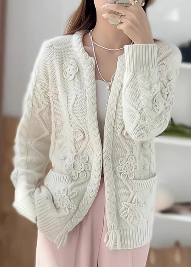 Handmade Camel Pockets Floral Cable Knit Woolen Cardigans Spring