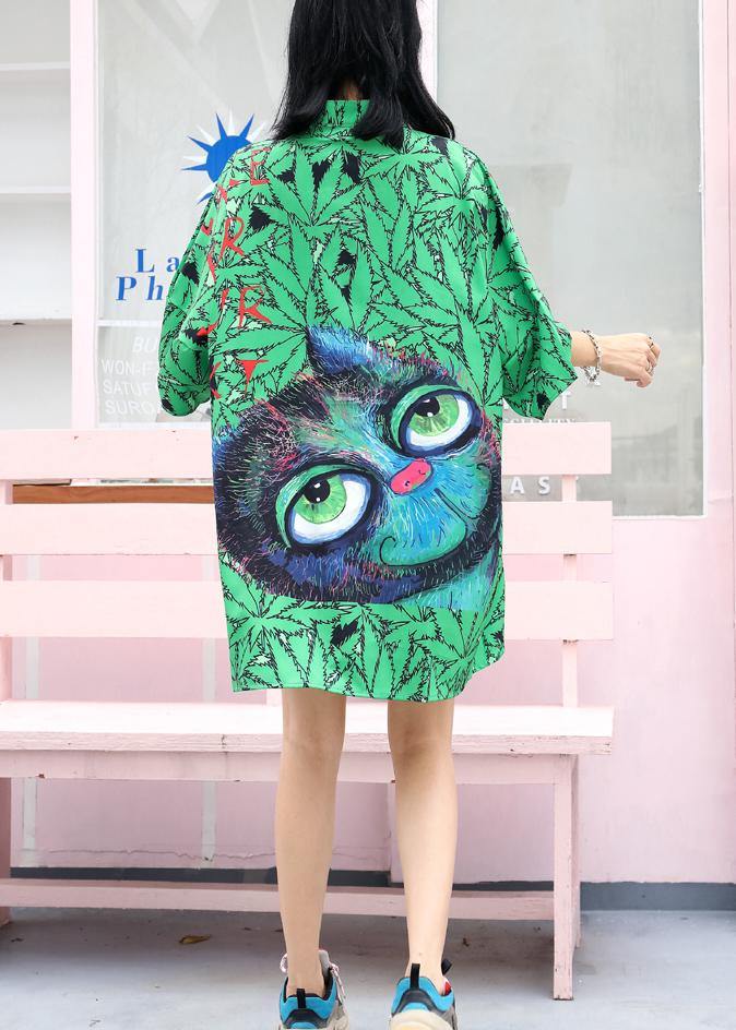 Handmade Chinese Button Cotton quilting dresses Neckline green prints Dresses summer