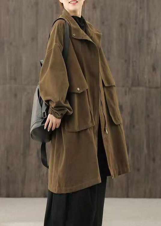 Handmade Chocolate Casual zippered Pockets Patchwork Fall trench coats