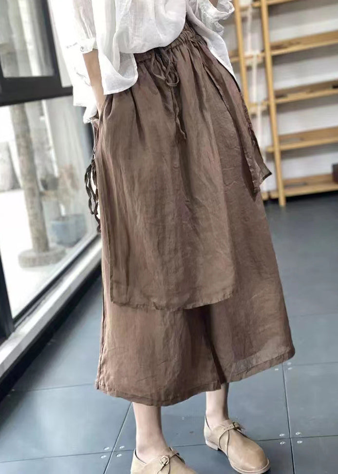 Handmade Chocolate Elastic Waist Drawstring Asymmetrical Linen Wide Leg Pants Summer