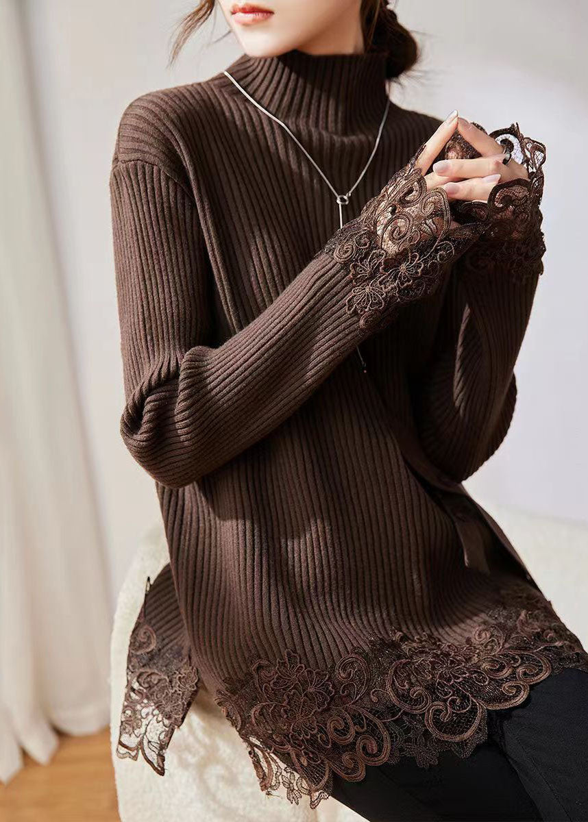 Handmade Coffee Turtleneck Lace Patchwork Cotton Knit Sweater Long Sleeve