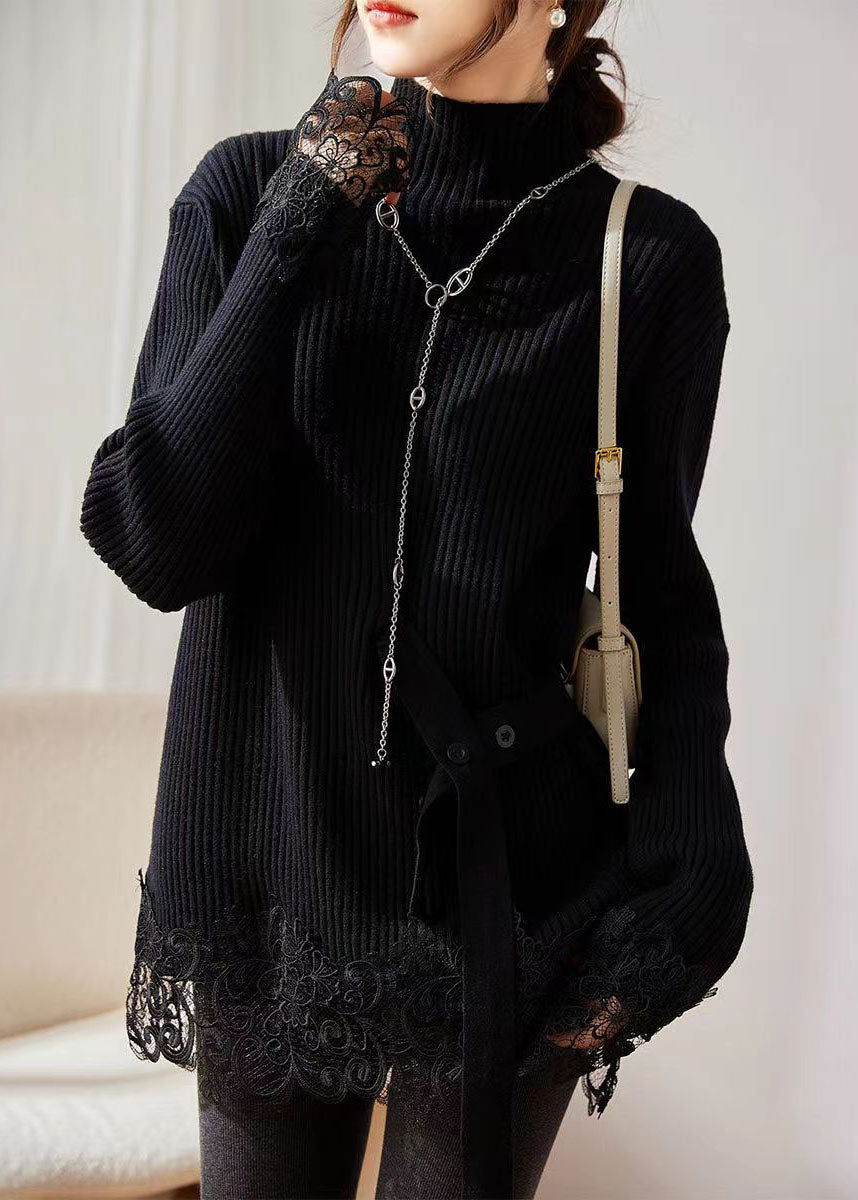 Handmade Coffee Turtleneck Lace Patchwork Cotton Knit Sweater Long Sleeve