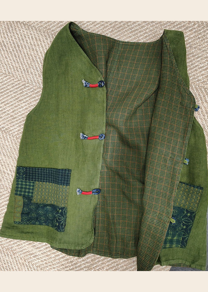 Handmade Green V Neck Buttton Linen Vest Spring