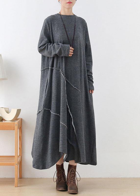 Handmade Grey Loose Asymmetrical Design Fall Long Sleeve Holiday Dress