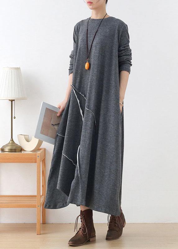 Handmade Grey Loose Asymmetrical Design Fall Long Sleeve Holiday Dress