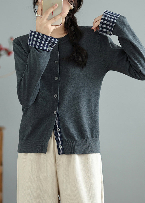 Handmade Grey O-Neck Patchwork Knit Cardigans Spring