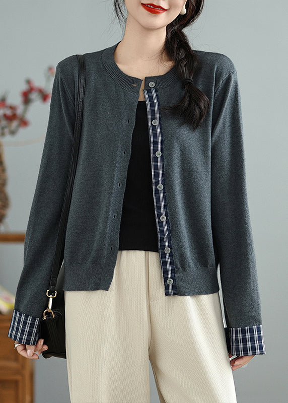 Handmade Grey O-Neck Patchwork Knit Cardigans Spring