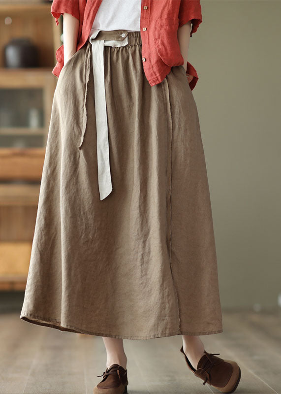 Handmade Khaki Elastic Waist Patchwork Linen Skirt Summer