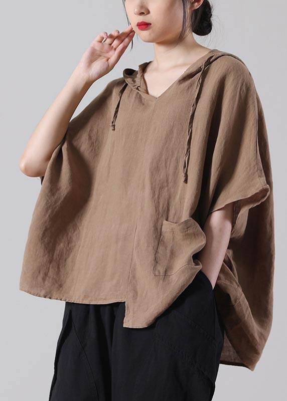 Handmade Khaki Loose Cotton Linen Shirt Tops Summer