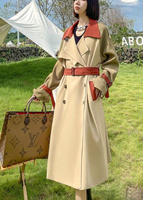 Handmade Khaki Pockets Patchwork Button Fall Tie Waist Long Sleeve Coattrench Coats