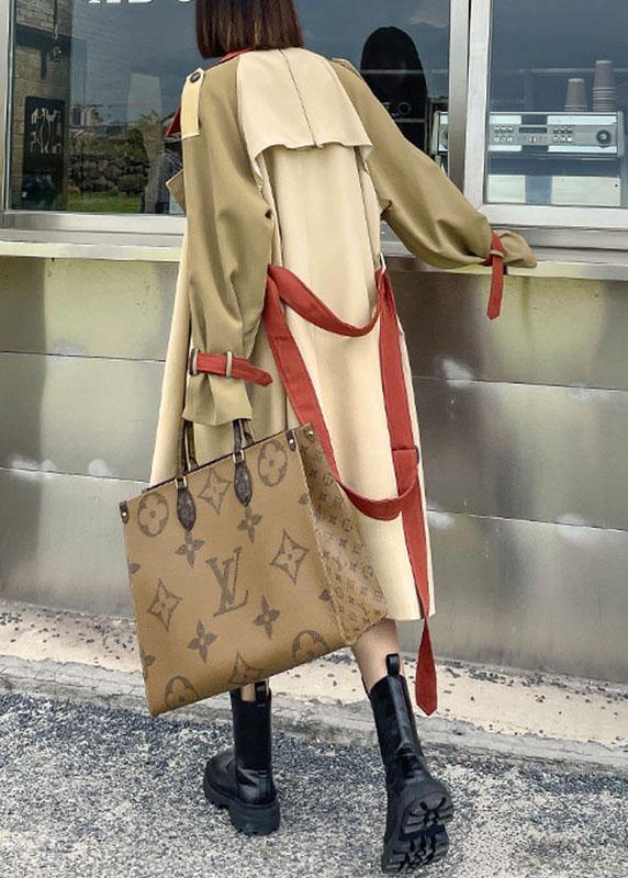 Handmade Khaki Pockets Patchwork Button Fall Tie Waist Long Sleeve Coattrench Coats