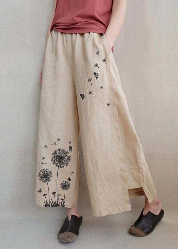 Handmade Khaki Print Dandelion Wide Leg Pants Summer Cotton Linen