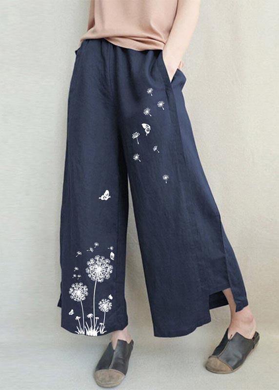 Handmade Khaki Print Dandelion Wide Leg Pants Summer Cotton Linen