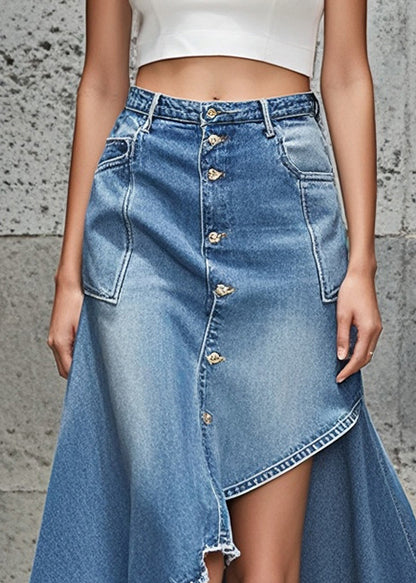 Handmade Light Blue Asymmetrical Design Button Denim Skirts Spring