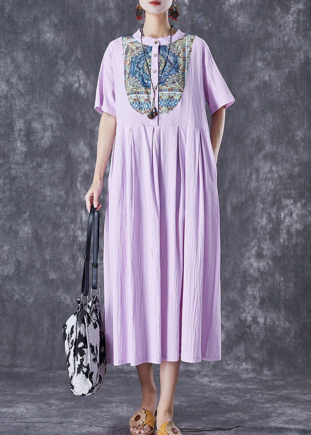 Handmade Light Purple Oversized Patchwork Linen Dress Summer