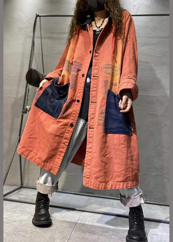 Handmade Orange Pockets Button Casual Fall Denim Long sleeve Coat