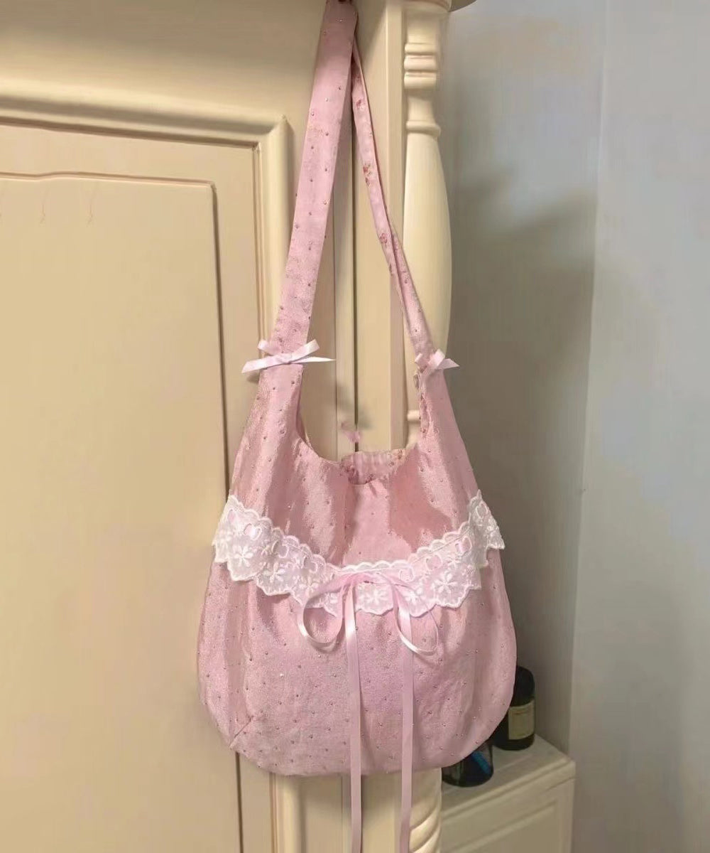 Handmade Pink Bow Lace Canvas Satchel Handbag