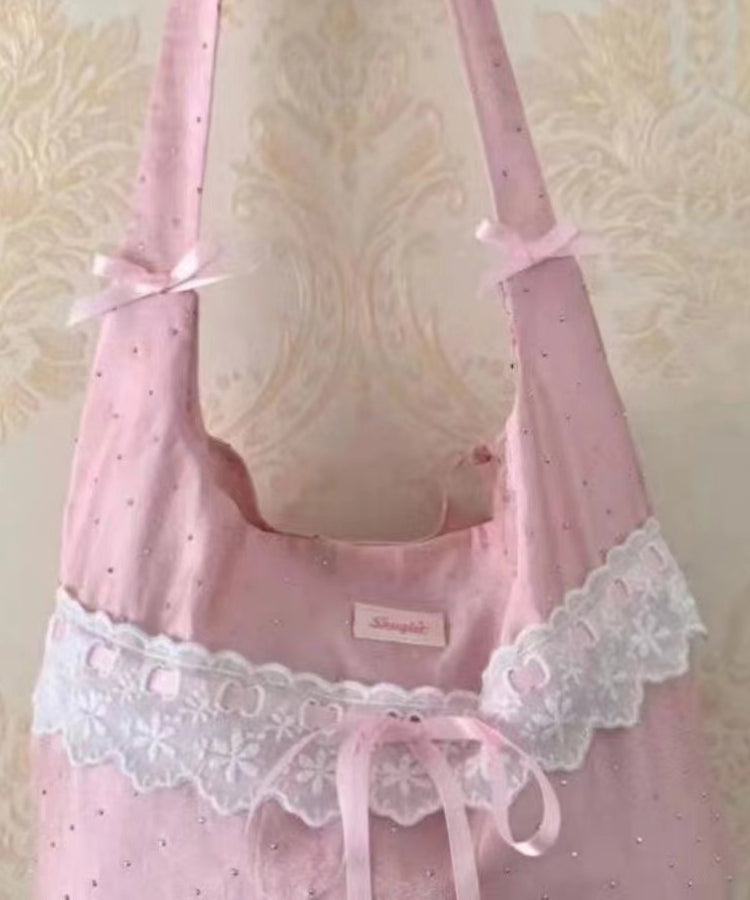 Handmade Pink Bow Lace Canvas Satchel Handbag