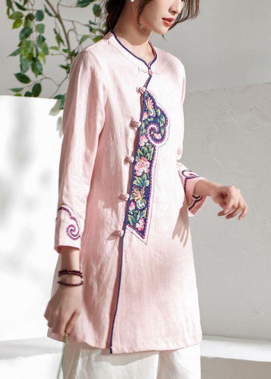 Handmade Pink Button Embroideried Summer Linen Blouses