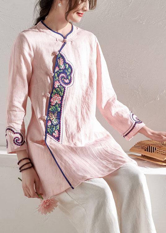 Handmade Pink Button Embroideried Summer Linen Blouses