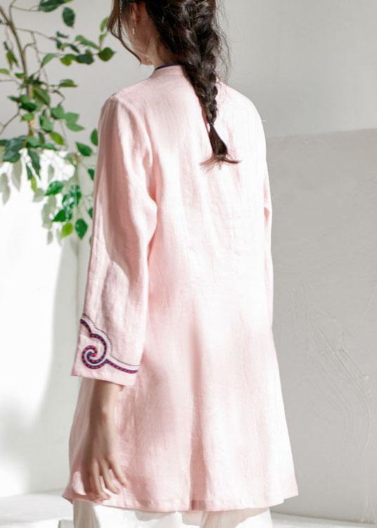 Handmade Pink Button Embroideried Summer Linen Blouses